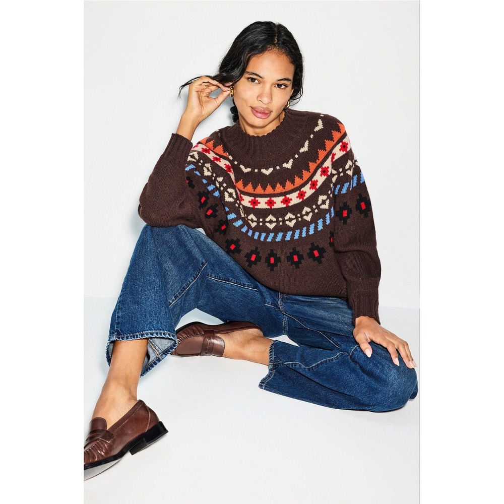 Weekend Max Mara Brown Fair Isle Wool Blend Mock Neck Sweater S 2525366312674